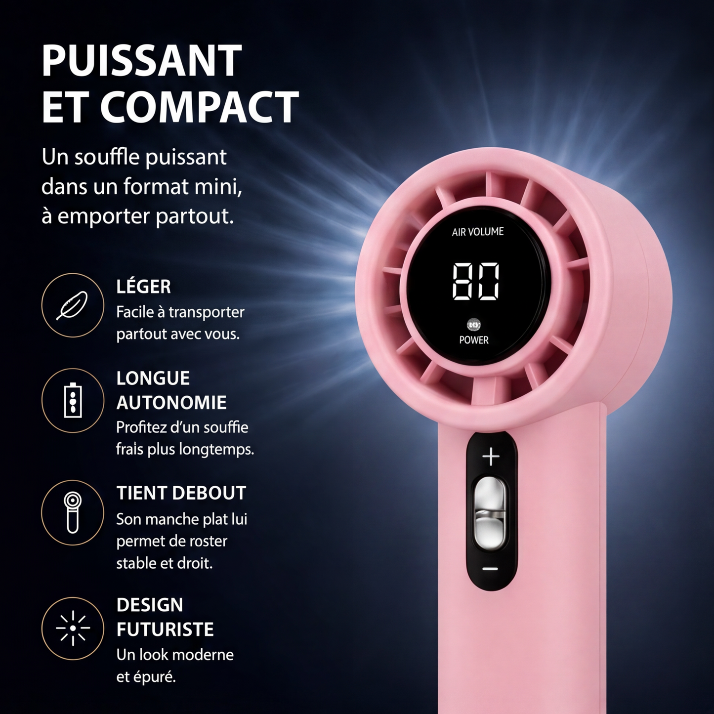 Mini ventilateur FeelCool rose - vue de côté